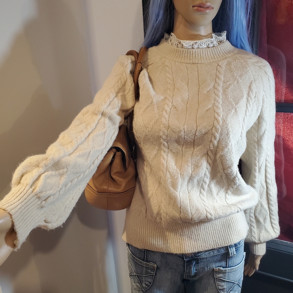 Lace Collared Braided Knit Crew Sweater